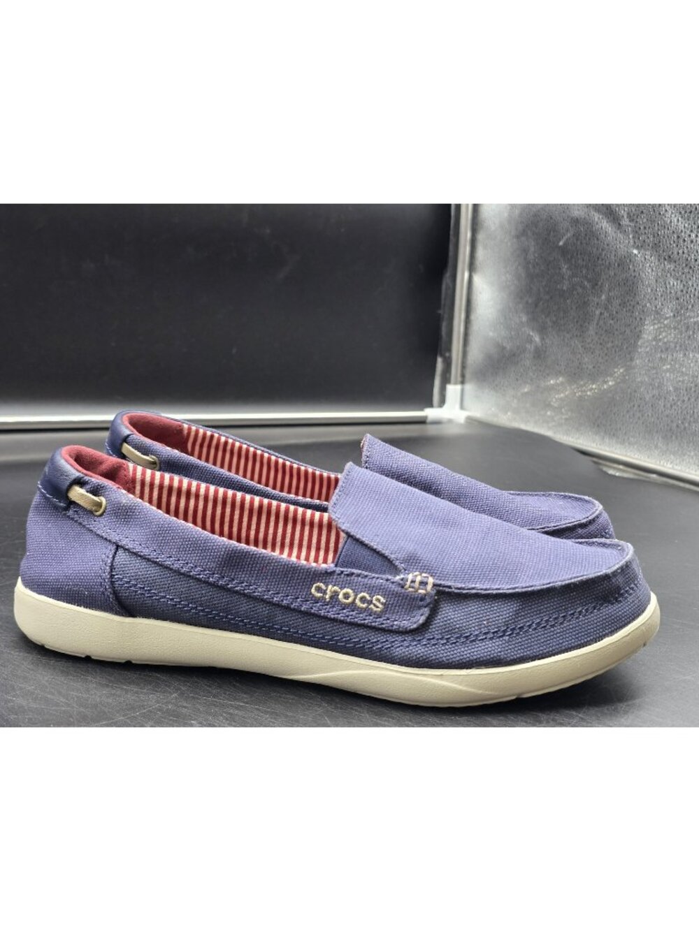 Crocs A-Leigh Loafer Shoes Womens Size 8 Blue Canvas Slip On Comfort Casual